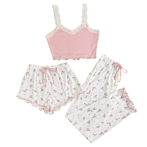 Tnhcen Women's 3 Pcs Heart Print Satin Pajama Set Cami Top Shorts Pants Pj Sets Homewear S-XL