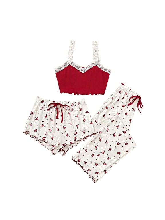 Women's 3 Pcs Heart Print Satin Pajama Set Cami Top Shorts Pants Pj Sets Homewear S-XL