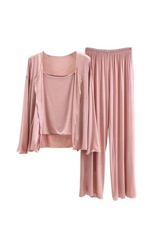 Women's 3 - Piece Sleepwear Set, Modal Cotton Polyester Loose Long Sleeve Top + Pants, Casual Breathable Nightwear for Women M - 2XL