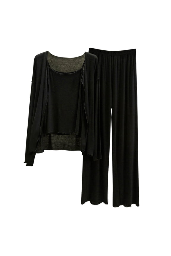 Women's 3 - Piece Sleepwear Set, Modal Cotton Polyester Loose Long Sleeve Top + Pants, Casual Breathable Nightwear for Women M - 2XL