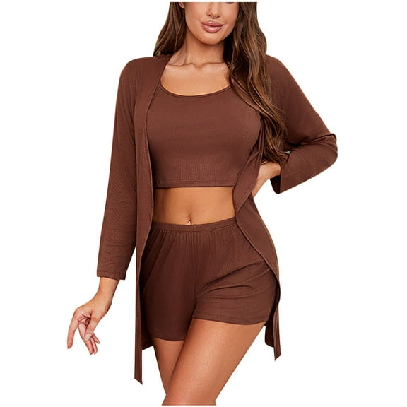 Tnhcen Women's 3 Piece Soft Knit Lounge Pajama Sets Cardigan Loungewear Robe Tank Top and Shorts Pjs Set Sexy Nightwear Lounge Homewear S-2XL