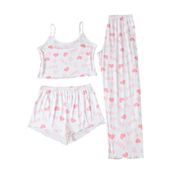 Tnhcen Women's 3 Pieces Pajama Set Bow Print Cami Top Shorts Long Pants Sleepwear Home Wear Soft Stretchy Fabric Casual Comfortable Outfit M-2XL