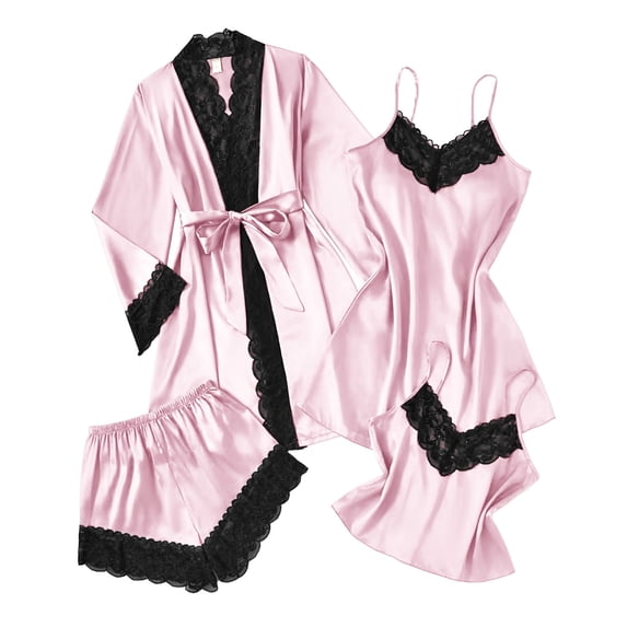 Tnhcen Women's 4-Piece Pajama Set with Lace Trim, Long-Sleeve Sleepwear Set, Plus Size Pajamas, Satin Loungewear for Spring & Fall S-3XL