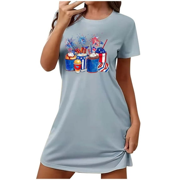 Tnhcen Women's 4th of July Sleepwear Set – Short Sleeve Crew Neck with Stars & Bars Design Breathable Polyester Spandex S-2XL Plus Size for Holiday Wear