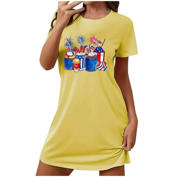 Tnhcen Women's 4th of July Sleepwear Set – Short Sleeve Crew Neck with Stars & Bars Design Breathable Polyester Spandex S-2XL Plus Size for Holiday Wear