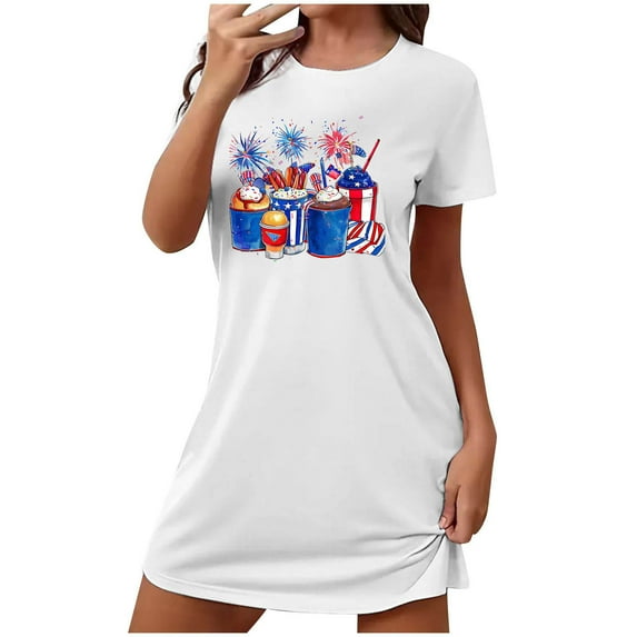 Tnhcen Women's 4th of July Sleepwear Set – Short Sleeve Crew Neck with Stars & Bars Design Breathable Polyester Spandex S-2XL Plus Size for Holiday Wear