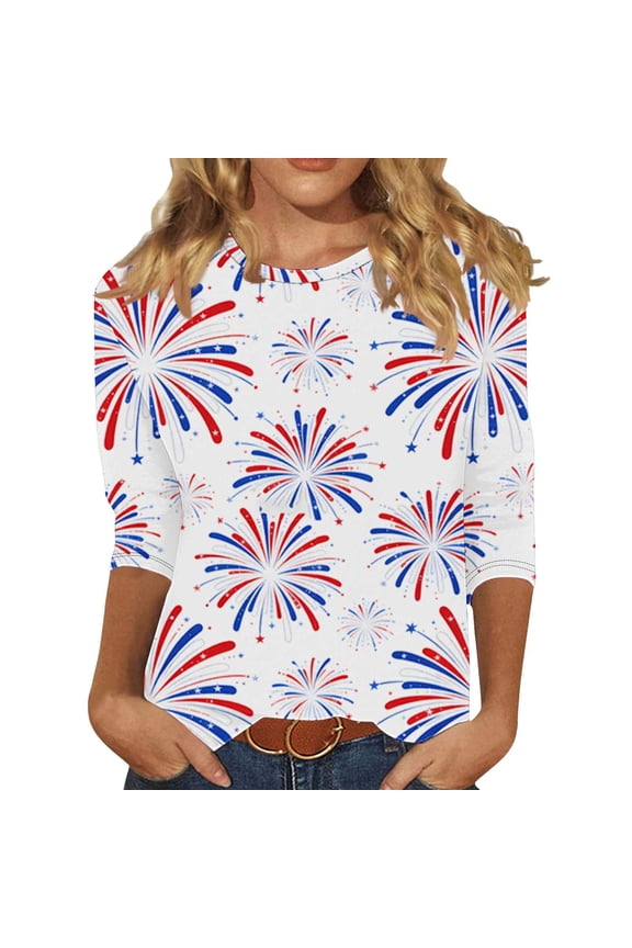 Women's 4th of July T-Shirt Patriotic American Eagle Flag Print 3/4 Sleeve Crew Neck Top, Vintage Distressed USA Pride Casual Summer Tee, Plus Size S-5XL