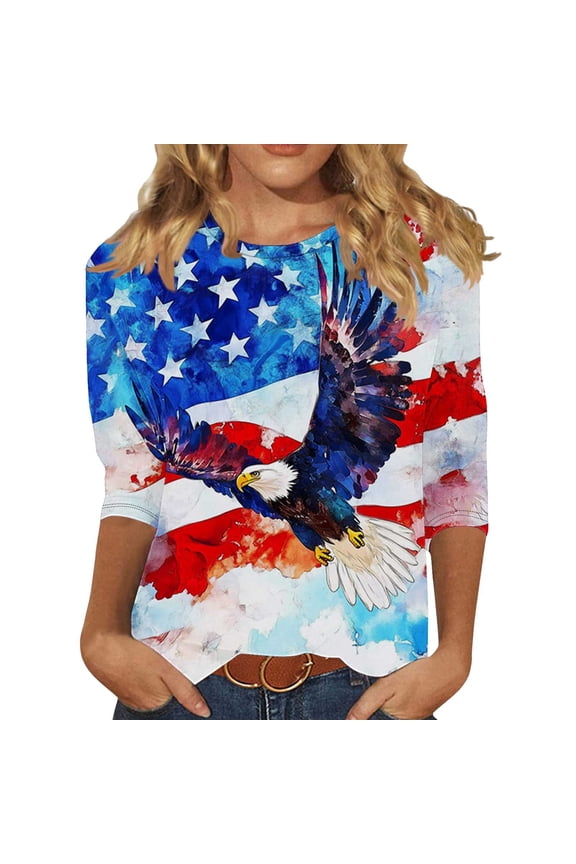 Women's 4th of July T-Shirt Patriotic American Eagle Flag Print 3/4 Sleeve Crew Neck Top, Vintage Distressed USA Pride Casual Summer Tee, Plus Size S-5XL