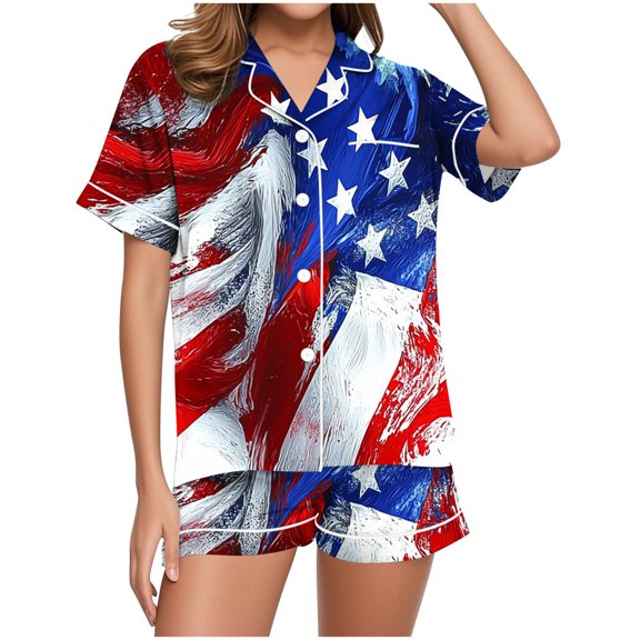Tnhcen Women's 4th of July Nightwear Set Short Sleeve Button Down Top Lounge Shorts Lightweight Summer Pjs​ S-2XL