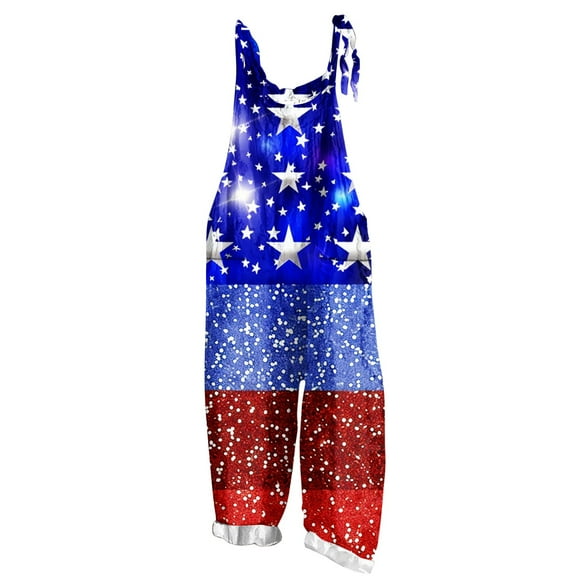 Tnhcen Women's 4th of July Patriotic Overalls - Casual Tie-Shoulder Slub Linen Jumpsuit with Independence Day Print 2 Pockets S-5XL