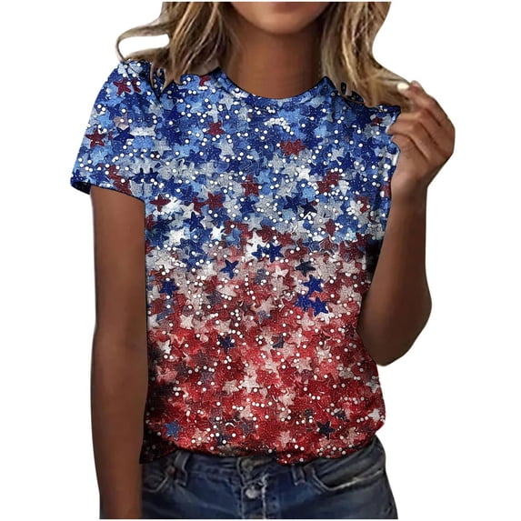 Tnhcen Women's 4th of July Patriotic Print Crewneck T-Shirt | Loose Fit Polyester Spandex Tops | Plus Size Friendly (S-5XL) Casual Summer Tops