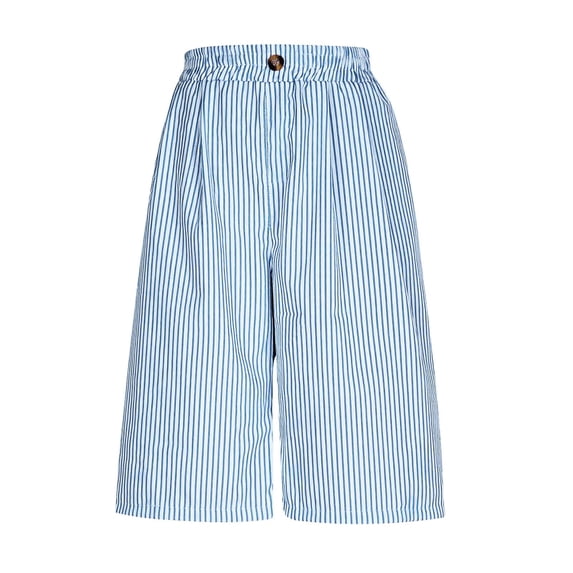 Tnhcen Women's 5-Inch Blue and White Striped Shorts, Linen-Look Casual Shorts with Drawstring Waistband Pre-Washed Cotton Summer Beach Shorts for Women in S-3XL