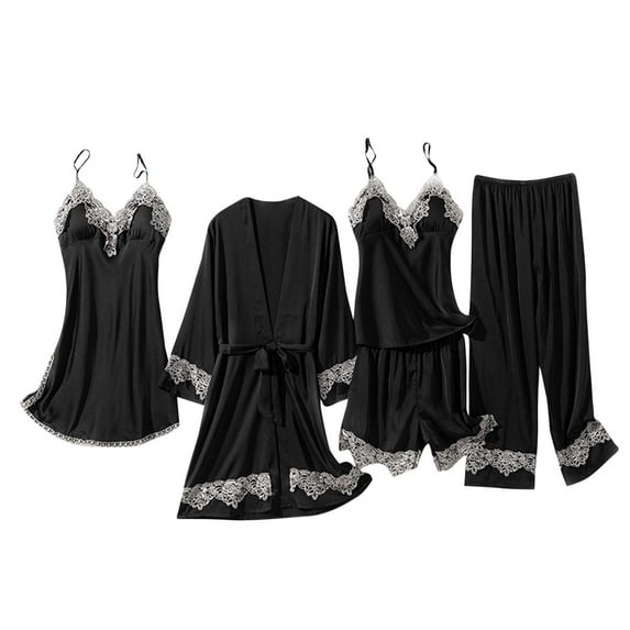 Tnhcen Women's 5-Piece Cooling Sleep Set w/Built-In Bra: Cami+Shorts+Pants+Robe+Gown Satin PJs Sexy Sleepwear M-XL