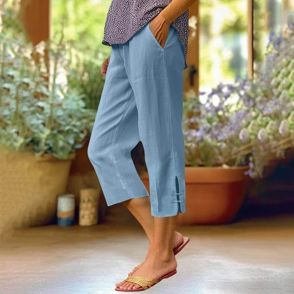 Tnhcen Women's 7/8 Elastic Waist Pants with Side Slits Drawstring Pocket Capri Pants Pre-Shrunk Washed Wrinkle S-5XL Multiple Colors Available