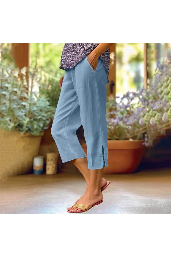 Women's 7/8 Elastic Waist Pants with Side Slits Drawstring Pocket Capri Pants Pre-Shrunk Washed Wrinkle S-5XL Multiple Colors Available
