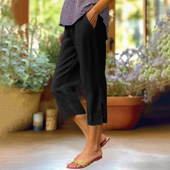 Tnhcen Women's 7/8 Elastic Waist Pants with Side Slits Drawstring Pocket Capri Pants Pre-Shrunk Washed Wrinkle S-5XL Multiple Colors Available