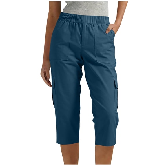 Tnhcen Women's 7/8 Length Cargo Pants with Elastic Waistband, Multiple Pockets, 100% Polyester Twill, Casual Outdoor Hiking & Work Trousers S-2XL
