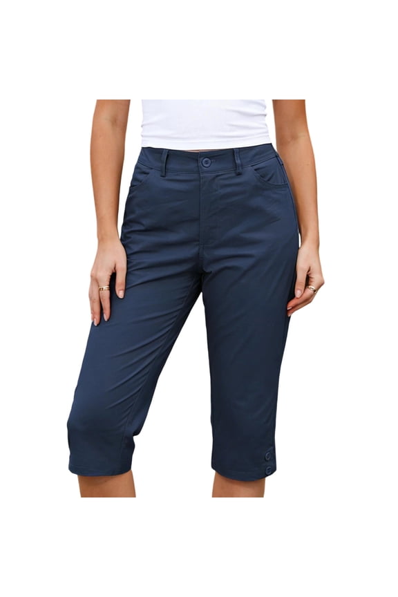 Women's 7-Inch Cargo Pants, High Waist Elastic Waistband Utility Work Pants, Nylon Spandex Matte Stretch Casual Trousers for Summer S-3XL
