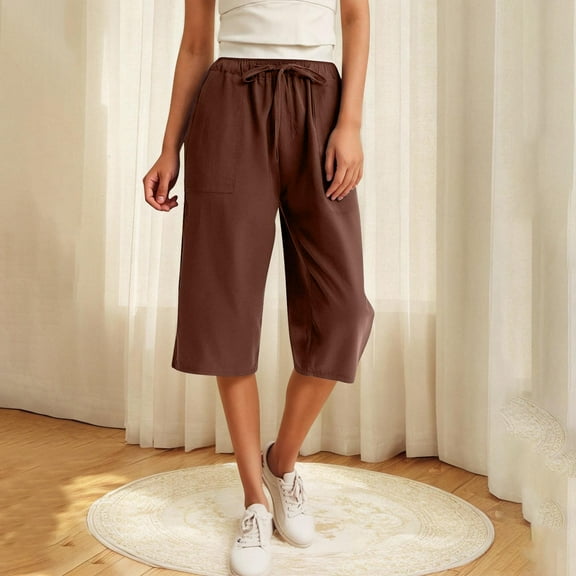 Tnhcen Women's 7-Inch Casual Capri Pants - Elastic Waist Cotton-Linen Blend Pockets & Pre-Shrunk (S-5XL) Multiple Colors Available