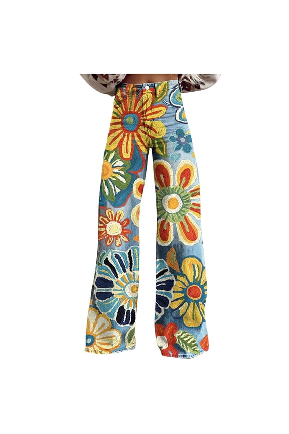 Women's Abstract Floral Print Denim Pants Straight Leg Trousers Oil Painting Art Jeans Twill Plus Size Casual S-5XL