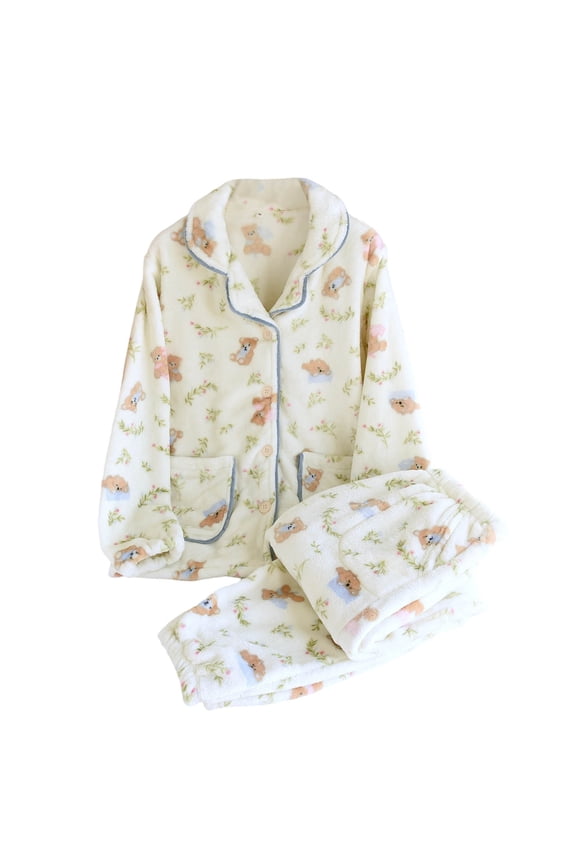 Women's Autumn Winter Cartoon Print Pajama Set Fleece Lined Top with Pants Snap Front Home Wear Nylon Spandex M-XL Multiple Colors Available