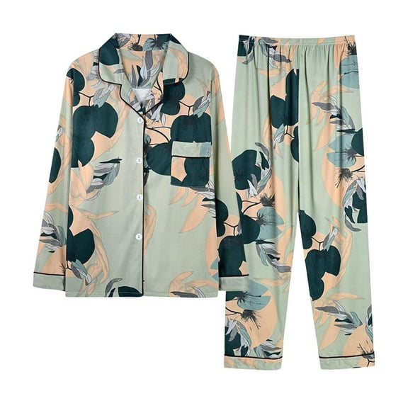 Tnhcen Women's Autumn Winter Printed Sleepwear Set - Long Sleeve Button-Up Collar Shirt with Elastic Waist Pants | Loose Fit Pajama Set Loungewear XL-2XL