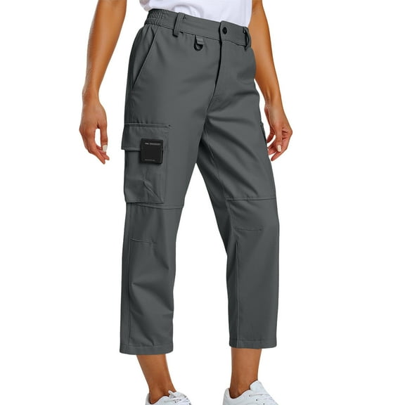 Tnhcen Women's Basic Cargo Pants Elastic Waist Loose Fit Nine-Inch Multi-Pockets Casual Trousers M-3XL Soft Stretch Casual Straight Pants for Women