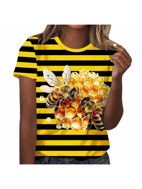 Women's Bee Graphic T-Shirt, Summer Loose Fit Casual Tee with All-Over Bee Print, Round Neck Short Sleeve Top, Soft Stretch Plus Size S-5XL