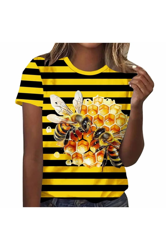 Women's Bee Graphic T-Shirt, Summer Loose Fit Casual Tee with All-Over Bee Print, Round Neck Short Sleeve Top, Soft Stretch Plus Size S-5XL