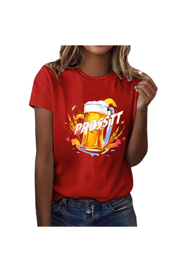 Women's Beer Graphic Print T-Shirt, Funny Saying Short Sleeve Round Neck Tee, Casual Cotton-Like Blouse for Women Sizes S-3XL