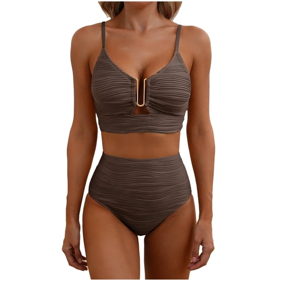Tnhcen Women's Bikini Set High Waisted Textured Ruched Halter Neck Cut Out Solid Color Swimsuit Plus Size Two Piece Swimwear XS - 2XL