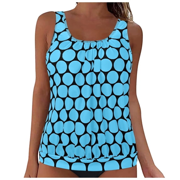 Tnhcen Women's Bikini Swimsuit Set Polka Dot Print Ruffled Neckline Tankini Top with Built - in Bra Tummy Control High Waist Bottoms 100% Polyester Plus Size M - 5XL
