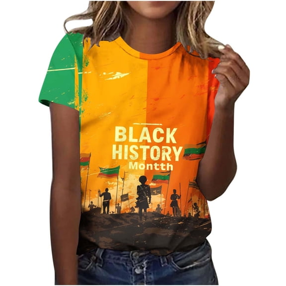 Tnhcen Women's Black History Month Print Crewneck – Loose Fit Short Sleeve Casual Shirt Memorial Day Stretch Top S-5XL
