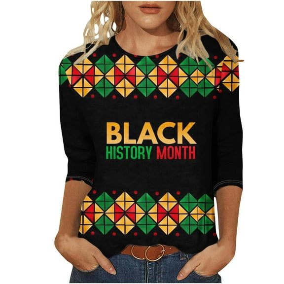 Tnhcen Women's Black History Month Print Oversized 3/4 Sleeve Tops - Cultural Heritage Round Neck Casual Shirts S-5XL