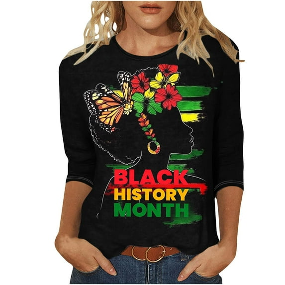 Tnhcen Women's Black History Month Print Oversized 3/4 Sleeve Tops - Cultural Heritage Round Neck Casual Shirts S-5XL