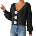thumbnail image 1 of Tnhcen Women's Black V-Neck Cardigan Floral Button Knit Sweater Acrylic Soft Long Sleeve Cover Up Casual Cropped Open Front Y2K Fashion Top Everyday Basic Women's Wear S-XL, 1 of 4