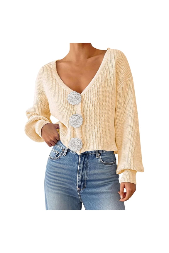 Women's Black V-Neck Cardigan Floral Button Knit Sweater Acrylic Soft Long Sleeve Cover Up Casual Cropped Open Front Y2K Fashion Top Everyday Basic Women's Wear S-XL