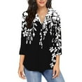 thumbnail image 1 of Tnhcen Women's Black White Print V-Neck Button-Down 3/4 Sleeve Loose Fit Casual Blouses - Plus Size Friendly Shirts S-2XL, 1 of 6