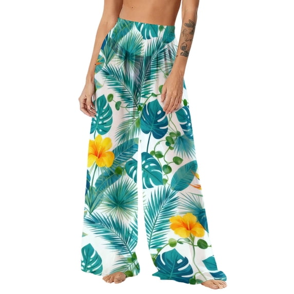 Tnhcen Women's Bohemian Beach Cover Up Wide Leg Pants 100% Polyester Chiffon Lightweight Flowy Tropical Print Sun Protection Swimwear Cover Up Pants S - 2XL