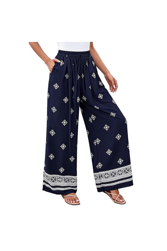 Women's Bohemian Print Drawstring Palazzo Pants, 100% Polyester Pre - Shrunk Bamboo Modal, Elastic Waist Beach Vacation Casual Wide Leg Trousers for Women S - 2XL