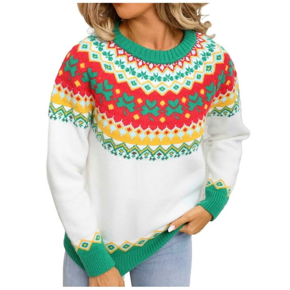 Tnhcen Women's Bohemian Print Sweater Acrylic Knit Top Long Sleeve Round Neck Colorful Patterned Boho Chic Sweater Casual Comfort Fall Winter Fashion Plus Size S-XL