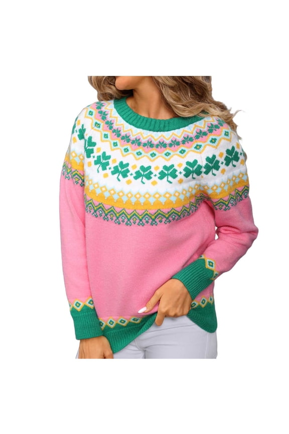 Women's Bohemian Print Sweater Acrylic Knit Top Long Sleeve Round Neck Colorful Patterned Boho Chic Sweater Casual Comfort Fall Winter Fashion Plus Size S-XL