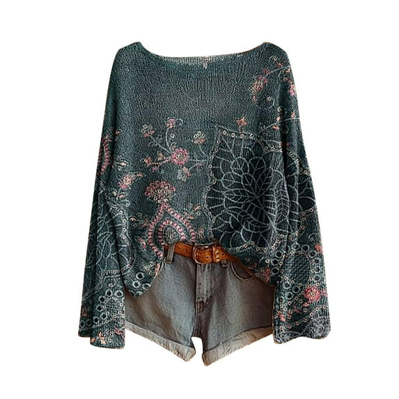 Tnhcen Women's Bohemian Print Sweater Fall Winter Vintage Knit Top Long Sleeve Round Neck Ribbed Pullover Casual Soft Polyester Spandex Cotton Blend S-2XL
