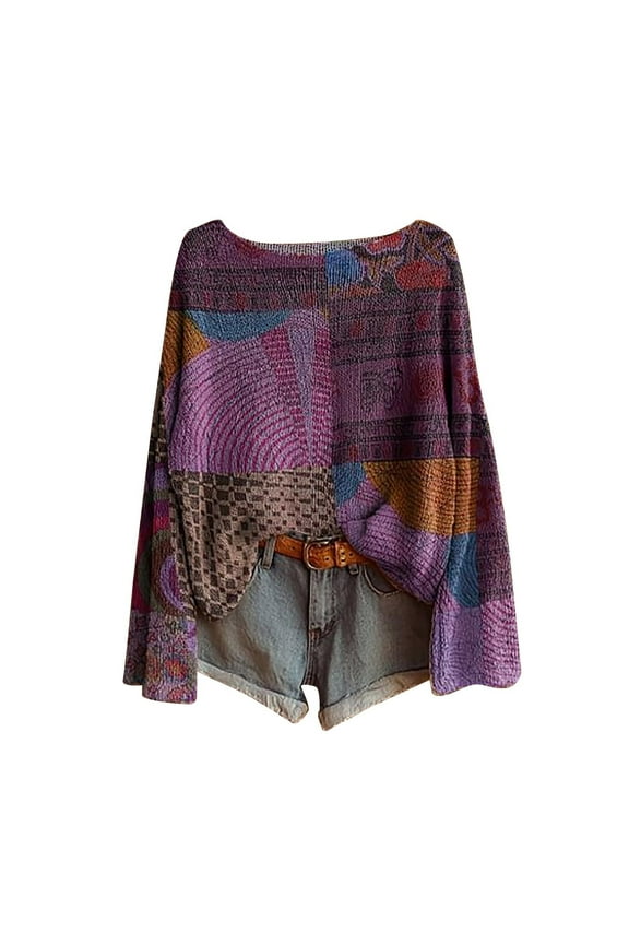 Women's Bohemian Print Sweater Fall Winter Vintage Knit Top Long Sleeve Round Neck Ribbed Pullover Casual Soft Polyester Spandex Cotton Blend S-2XL