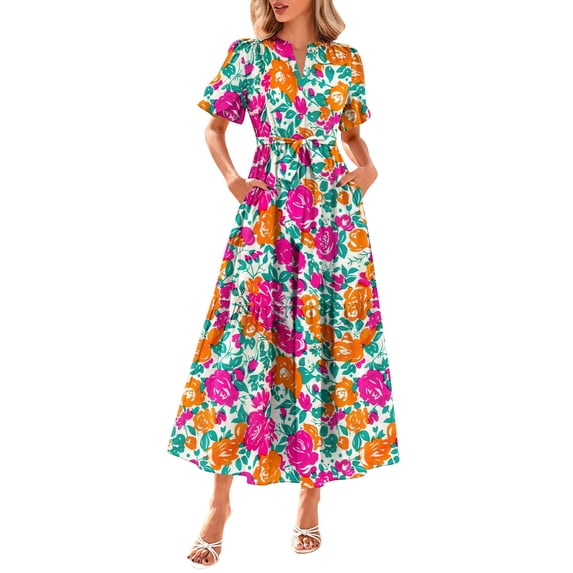 Tnhcen Women's Bohemian Puff Short Sleeve V - Neck Button Waist Belt Dress with Pockets Vintage Casual 4 - Way Stretch Dress for Women S - 2XL