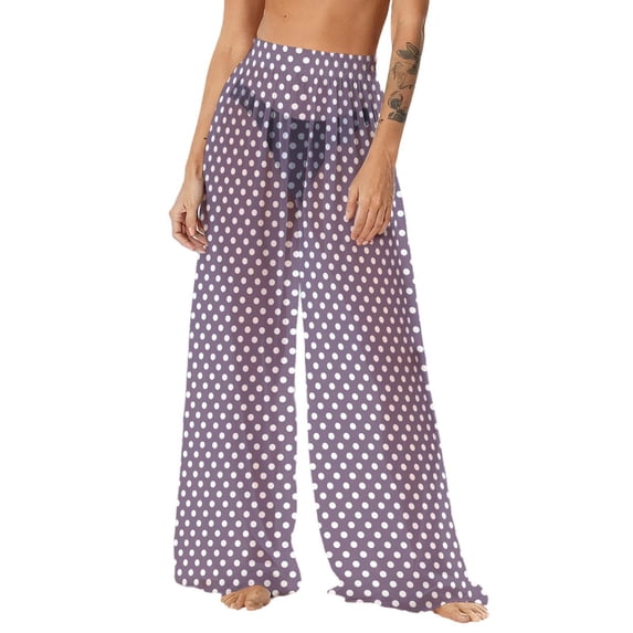 Tnhcen Women's Bohemian Style Polyester Chiffon Polka Dot Print Wide Leg Beach Pants Lightweight Sun Protection Swimwear Cover Up