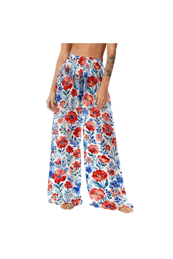Women's Bohemian Style Printed Chiffon Beach Pants Cover - up Wide Leg Long Pants Lightweight UV Protection 100% Polyester S - 2XL
