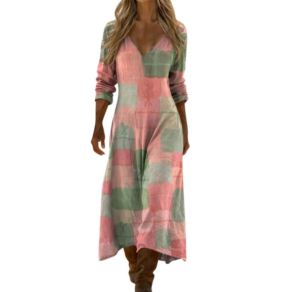 Tnhcen Women's Bohemian Style Printed V - Neck Long Sleeve Maxi Dress Plus Size S - 2XL Nylon Spandex Matte Finish Slim Fit Casual Dress