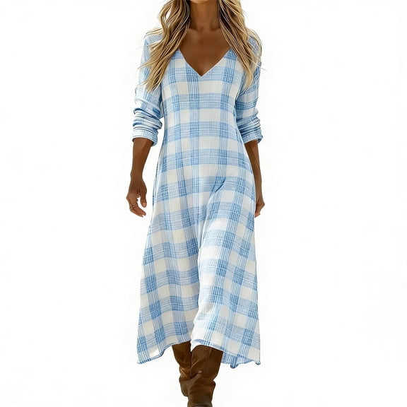 Tnhcen Women's Bohemian V Neck Long Sleeve Plaid Print Maxi Dress Nylon Spandex Matte Finish Casual Dress Plus Size S-2XL Loose Flowy Daily Outfit Beach Party Wear