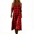 thumbnail image 1 of Tnhcen Women's Bohemian V Neck Long Sleeve Plaid Print Maxi Dress Nylon Spandex Matte Finish Casual Dress Plus Size S-2XL Loose Flowy Daily Outfit Beach Party Wear, 1 of 6